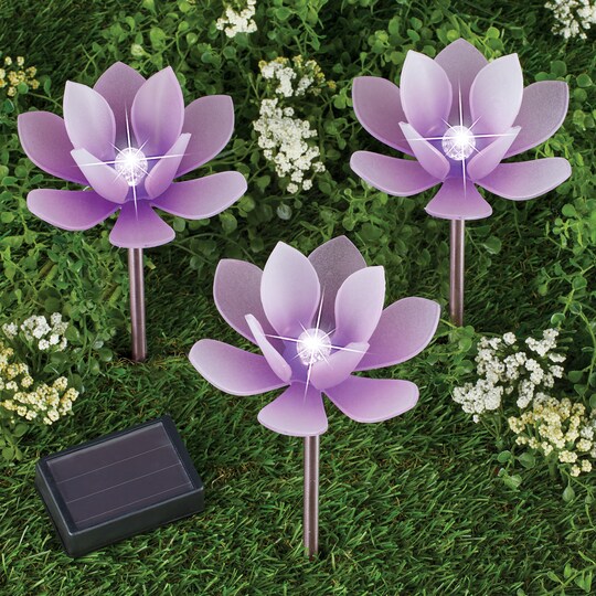 Collections Etc Solar Powered Lotus Flower Outdoor Garden Stakes - Set of 3